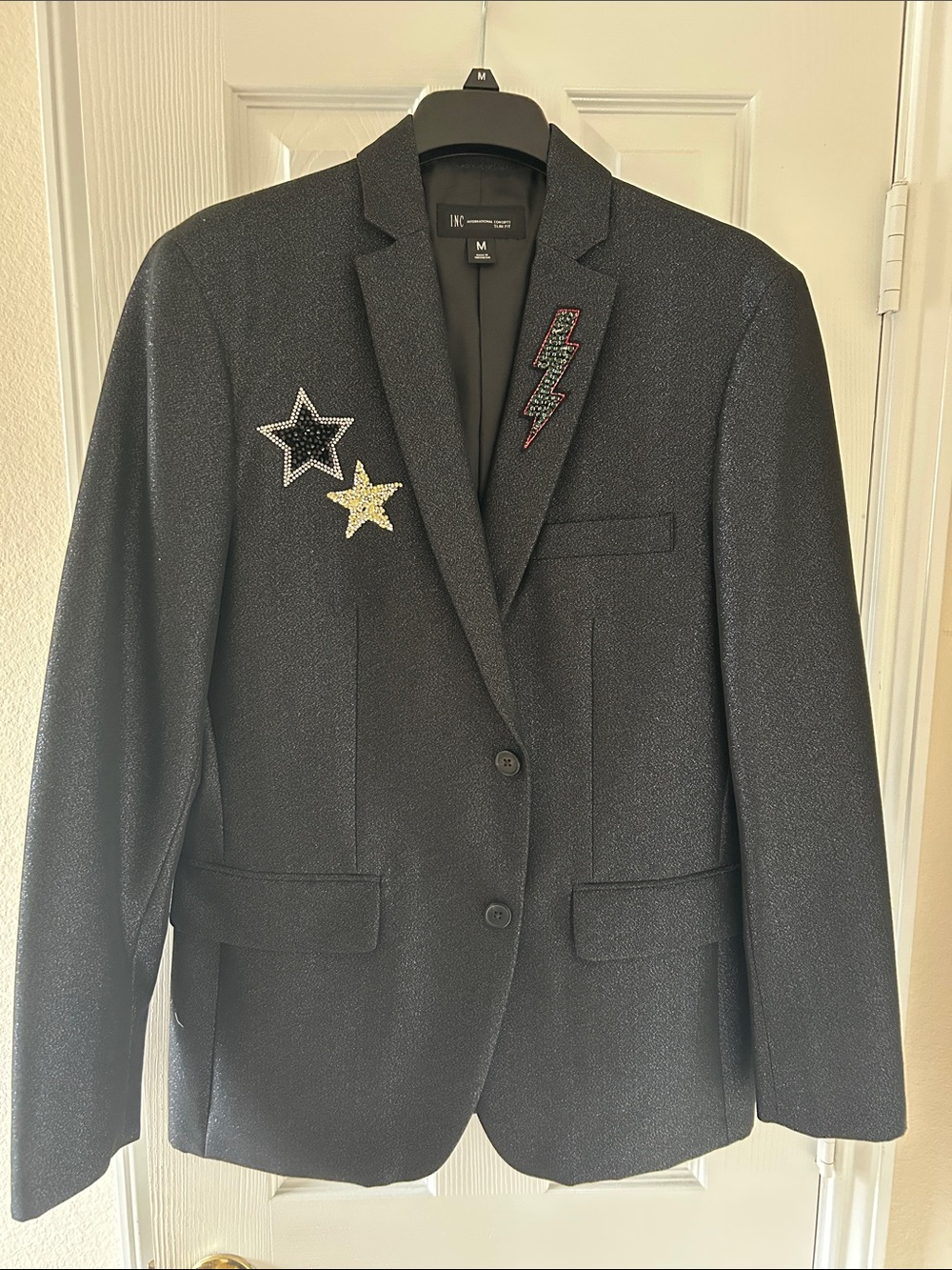 INC International Concepts Black Sparkle Blazer with Star & Lightning Patches